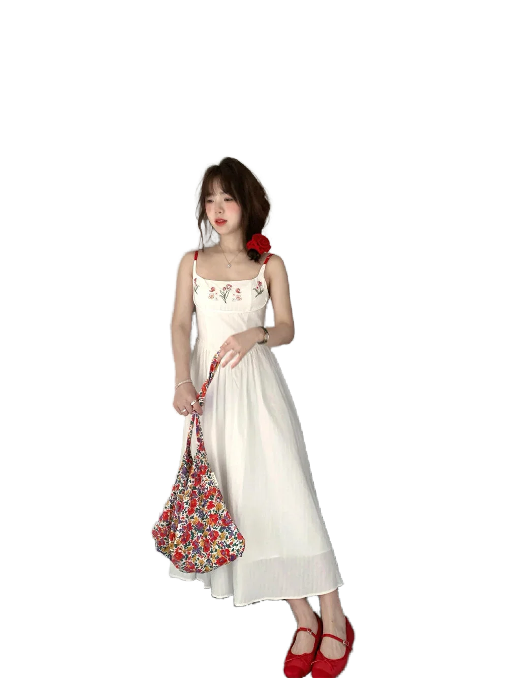 

Embroidery Design Sling Dress Women Summer New Niche Seaside Holiday Waisted Mid-Length Dress Sweet and Spicy Style Women's 2024