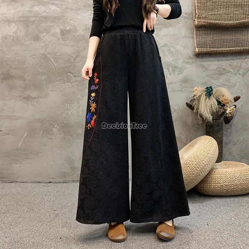 Chinese Style Retro Embroidery Pants Ethnic Style Literature Art Pants Leisure Loose Comfortable Wide Leg Trousers