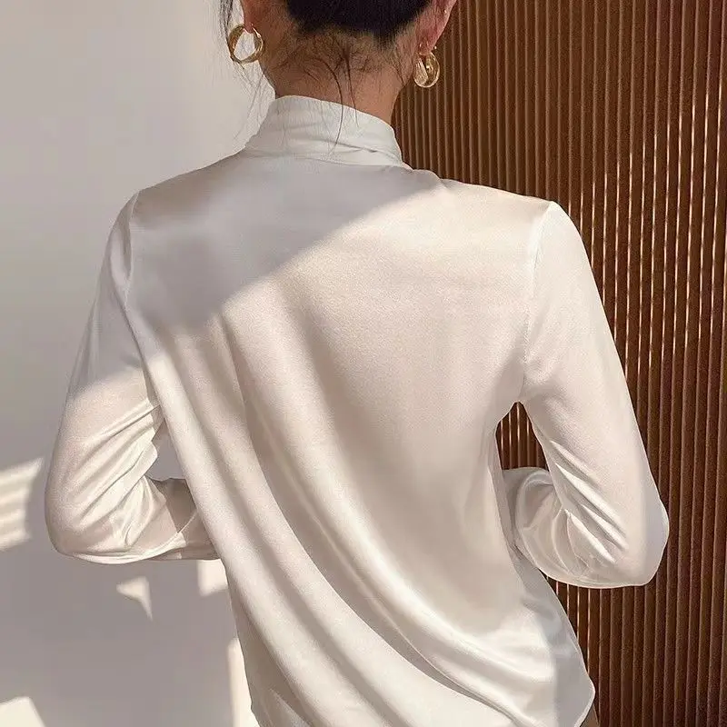 새틴 실크 활 셔츠, 오피스 레이디 긴팔 블라우스, 팜므 가디건 상의, 브랜드 품질 용수철, 오버사이즈, 우아한 패션, 여름