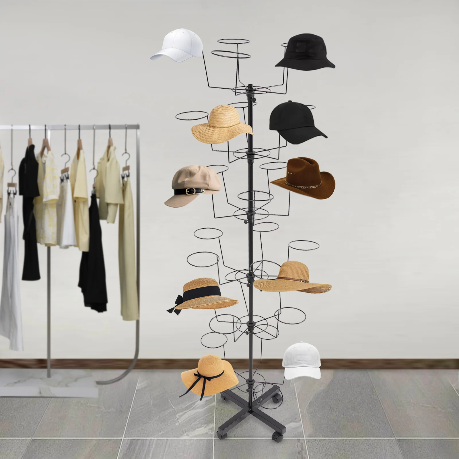 Schwarz/Weißer 6-stufiger Hutständer mit Rollen, drehbarer Hutpräsentationsständer, Cowboy- und Baseballmützenständer, für 30 Hüte, zur Organisation – Detail 8