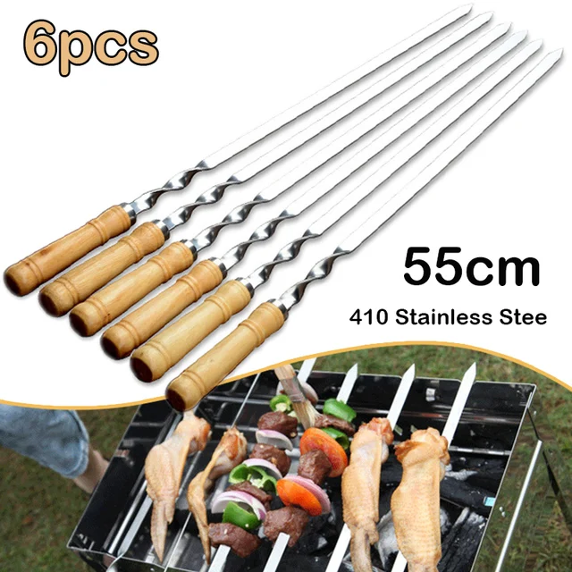 55 Cm -Es Nagy Barbecue Nyárs Újrahasznosítható Rozsdamentes Acél Bbq Kebab -Bot Fa Fogantyúval Kültéri Kemping Piknik Szerszámok Főző Szerszám