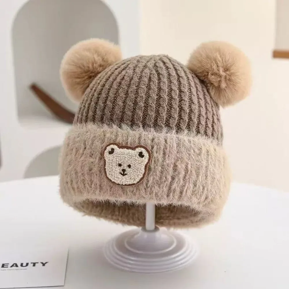 New Warm Knitted Hat Coldproof Windproof Pullover Cap Cute Bear Pompom Ear Protection Hat Outdoor Sports