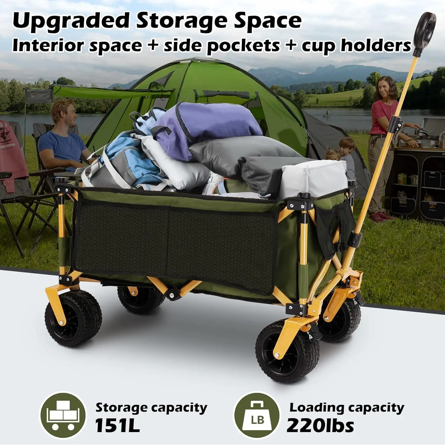 

Folding Wagon Cart Heavy Duty Utility Collapsible Wagon with All-Terrain Wheels Large Capacity Grocery Wagon for Beach Camping