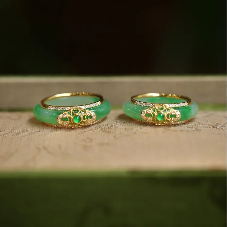 

Natural Pure Silver Green Jade Chalcedony Ring Women's Adjustable Opening Jade Green Jade Ring Premium Women's Ring