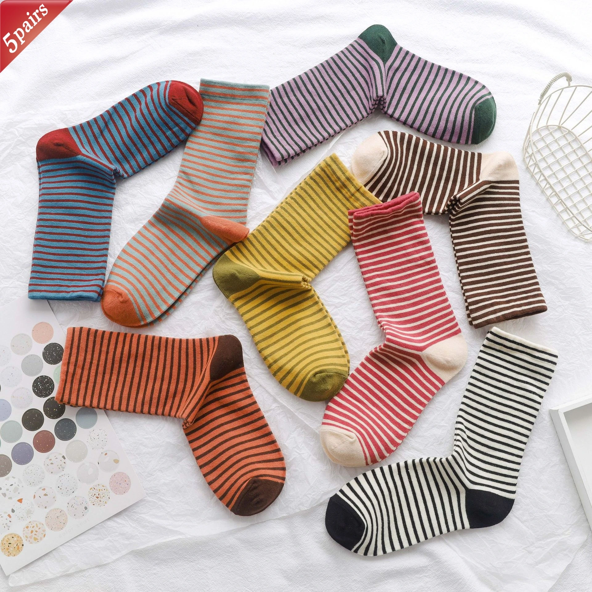 Women's Korean Comfort Cotton Socks - Striped Contrasting Color Mid Tube, 5 Pairs Set