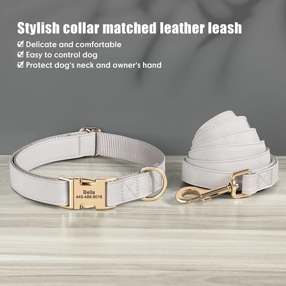 Engraved Leather Dog Collar And Leash Set For Small Medium Large Dogs_voghion.com