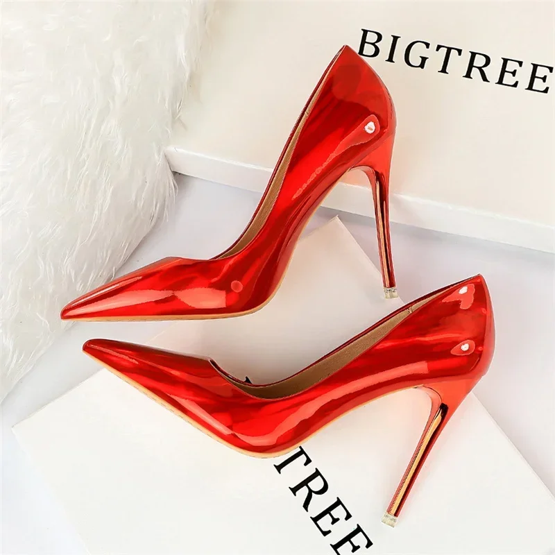 Plus Size Frauen Lack leder 10,5 cm High Heels Club Pumps Dame Luxus glänzende Stripper Stiletto blau grün Hochzeits kleid Schuhe – Detail 28