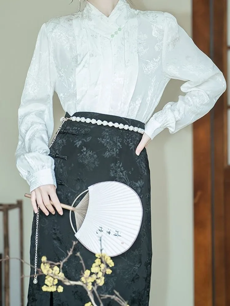 

Printed elegant vintage blouse new Chinese long-sleeved improved horse skirt set