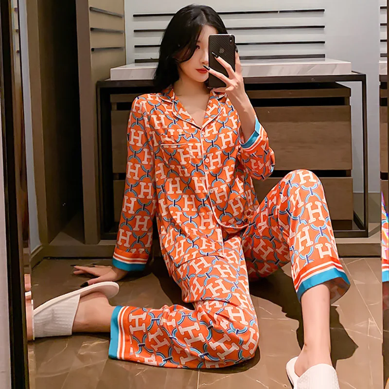 Satin Silk Pajamas for Women Summer Pyjamas Home Clothes Women Nightwear Pajama Set Long Sleeve Nightgown Plus Size Sleepwear