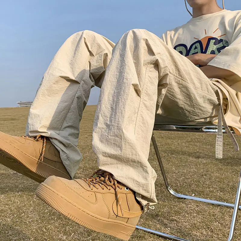 High Street Fashion Summer Casual Pants Men Solid Elastic Waist Drawstring Pocket Ice Silk Quick Drying Loose Straight Trousers