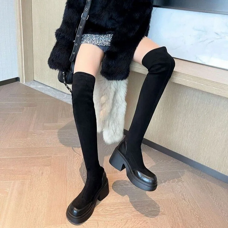 Chunky Heel Women & Girls Stretch Long Boots Fashion Female Antiskid Soft Leather Shoes Over-The-Knee Rising Boots Size 35-40