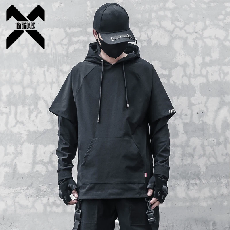 Harajuku Hoodies Men Autumn Slim Fake Two Pieces Pullover Hip Hop Streetwear Hoodies Sweatshirts Techwear Black Clothes