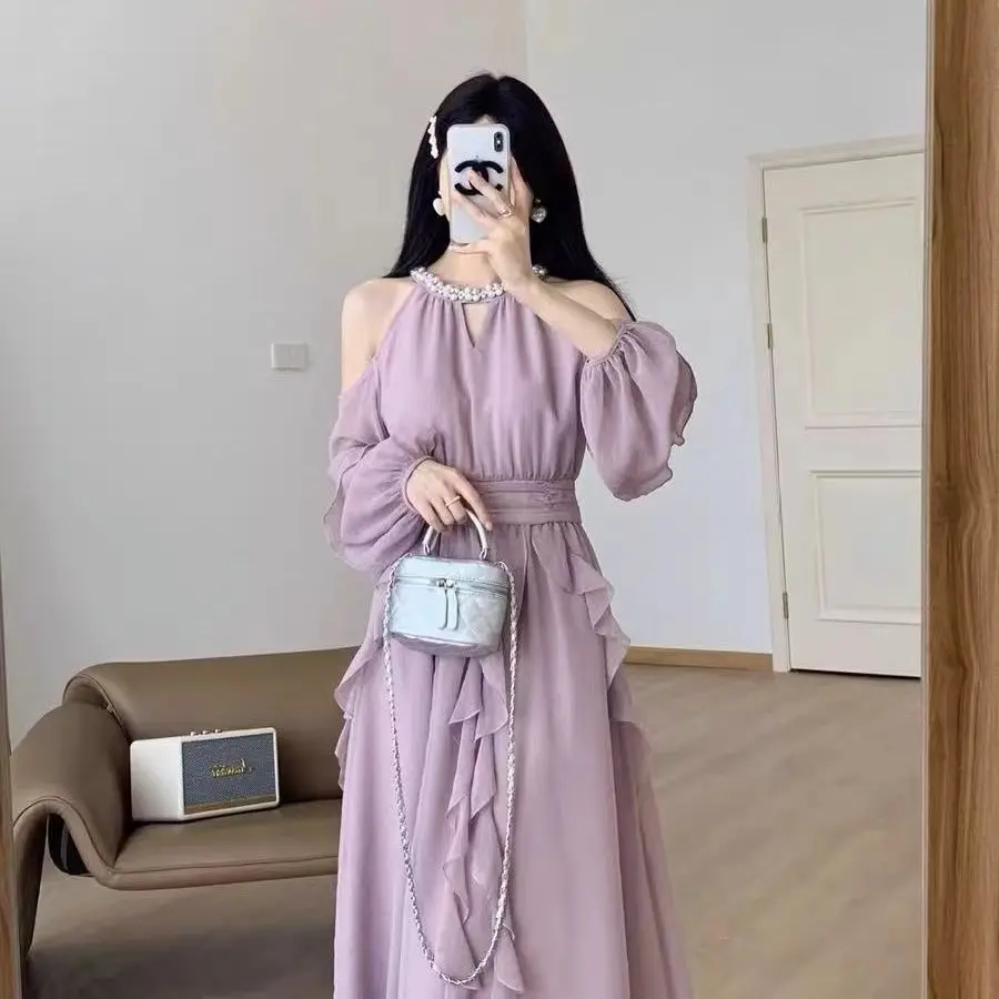 

Elegant and gentle purple halter Pearl off-shoulder Fairy Dress 2024 women's new advanced temperament slim dress