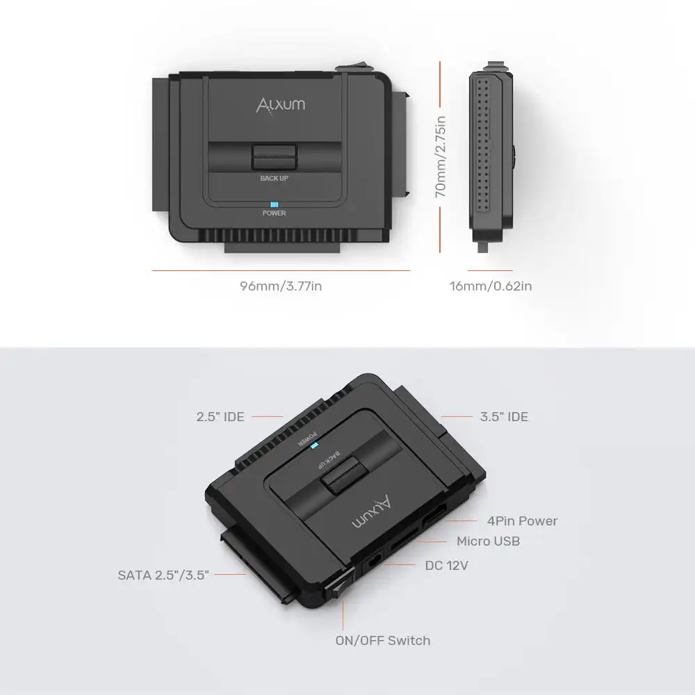 thumbnail image 2 of Alxum IDE To USB C Converter, SATA IDE Hard Drive Adapter Cable For 2.5/3.5" IDE HDD And SATA HDD/SSD, With 12V/2A Power Supply 2 of 10