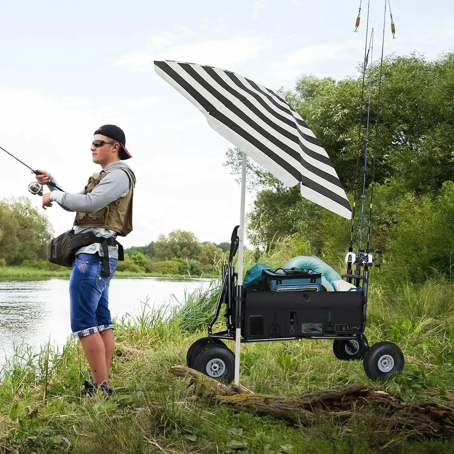 Fishing Cart Beach Cart Collapsible Wagon w/11''All-Terrain Wheels for Sand, Heavy Duty Garden with Rod Holders 550lb Large