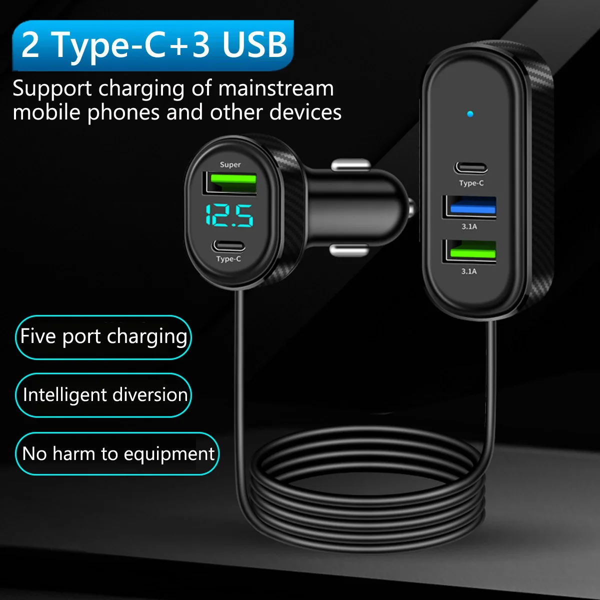 USB Car Charger Super Fast Charging Type C 3.1A Fast Charging Support Voltage Detection with 1.5M Extension Cable Phone Charger
