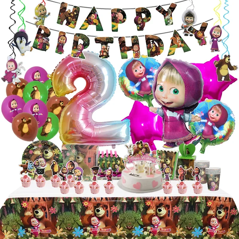Mashas and Bear Birthday Party Decoration Cartoon Theme Balloons Kids Event Supplies Disposable Tableware Backdrop