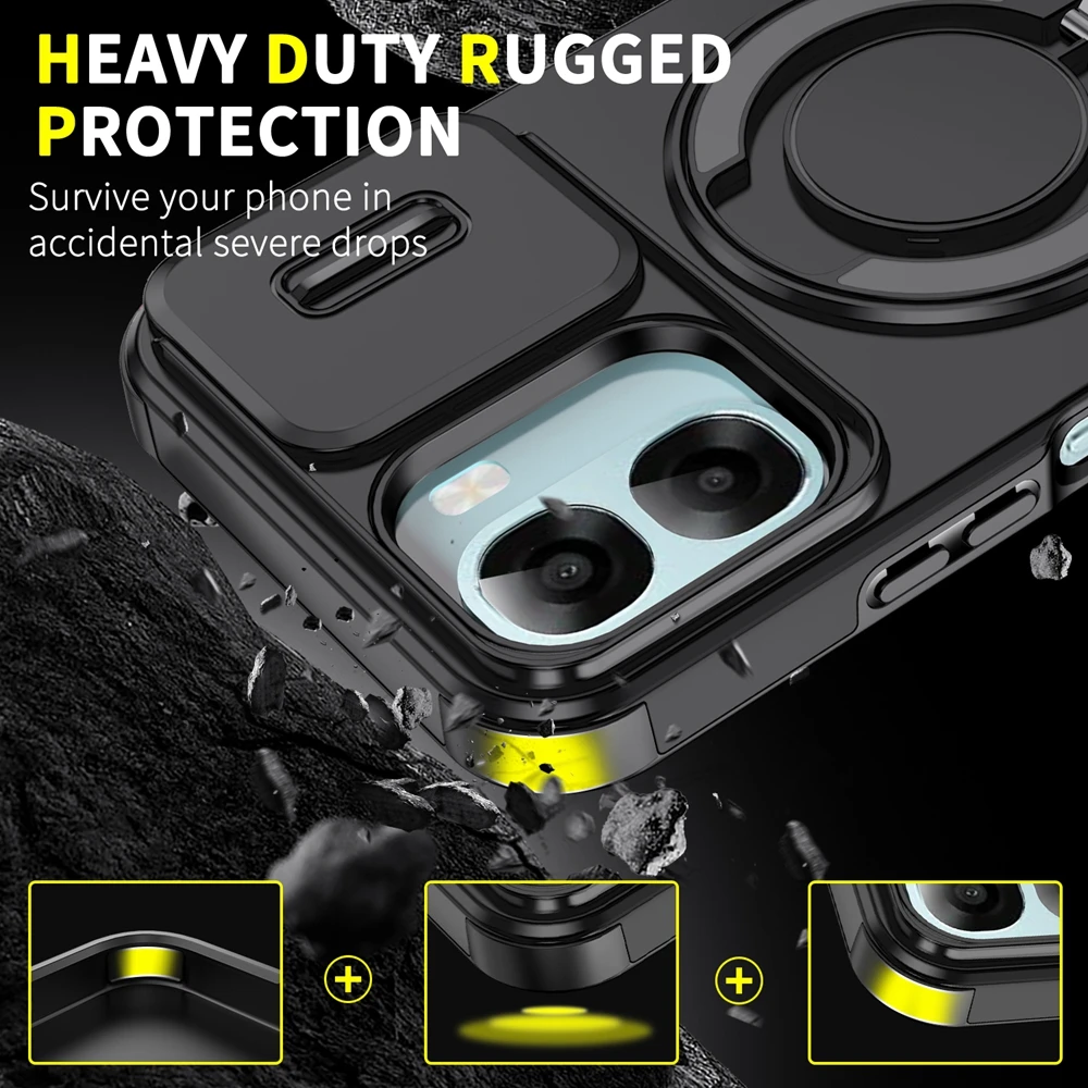 Shockproof Armor Slide Camera Protect Case with Magnetic Ring Stand Holder and Bracket Cover