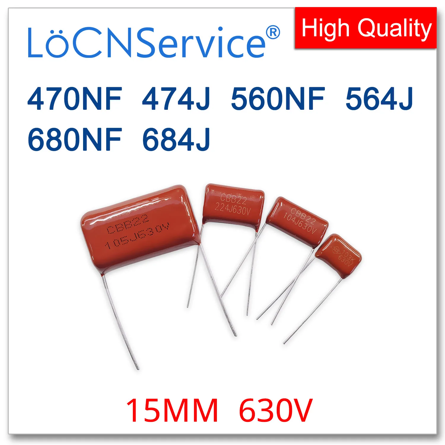 

LoCNService 500PCS 630V 15MM 470NF 560NF 680NF 474J 564J 684J CBB Polypropylene Film Capacitor High Quality