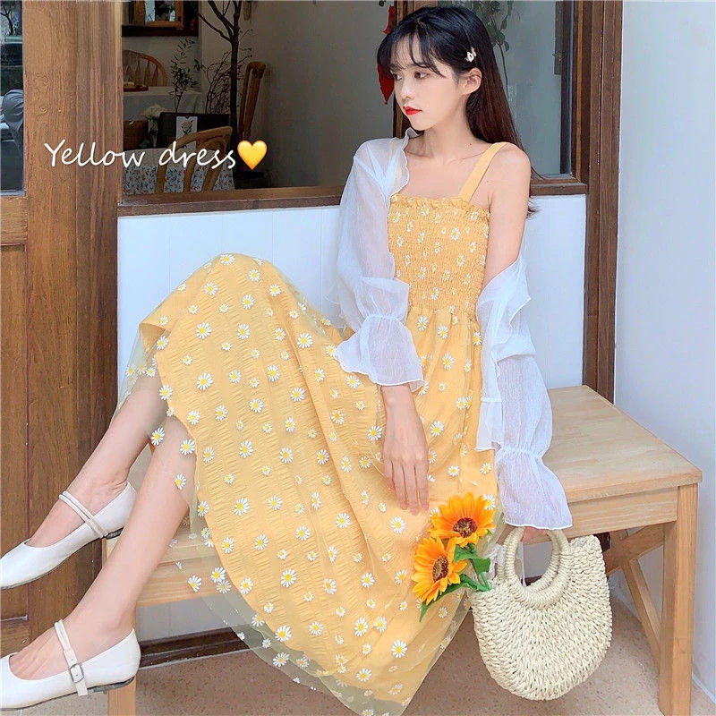 

Женские платья Kawaii С маргариткой и цветочным узором, милые летние платья на тонких бретелях для девушек в стиле преппи, новая коллекция, платья Ulzzang Ins