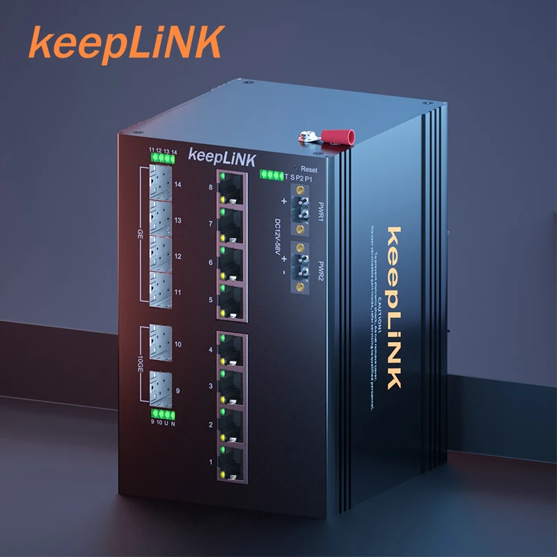 

KeepLink Industrial 14-Port Gigabit Switch with 8-Port Ethernet RJ45 and 4-SFP and 2-10Gb SFP+ Uplink