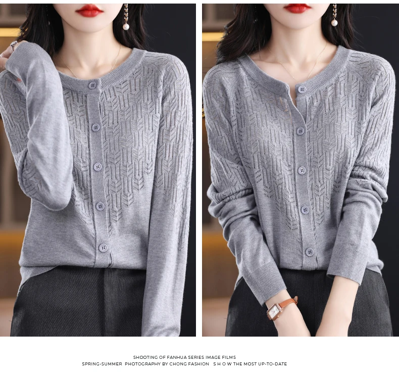 Spring Autumn Women Wool Blend Sweater O-neck Hollow Out Cardigan New Fashion Casual Knitted Slim Soft Jacket Bottoming Tops