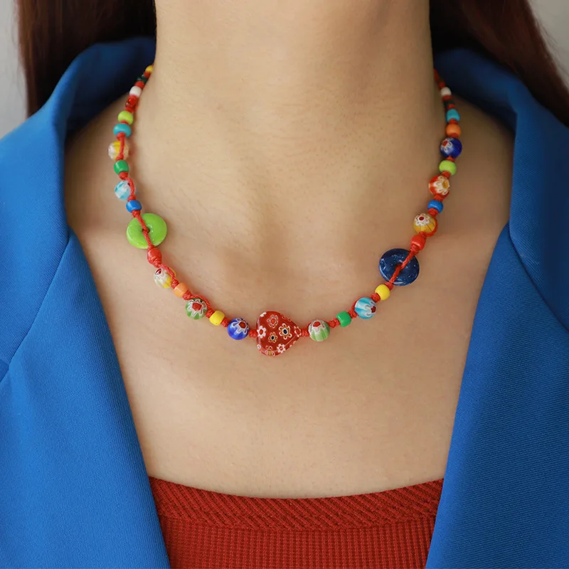 

New Handwoven Beaded Thousand Flower Glass Necklace Set for Women