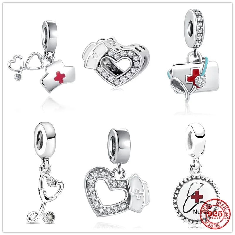 Charm Jewelry Silver 925 Stethoscope Pendant Nurse Cap Charm Bead Fit Original Bracelet DIY Women Gift Cross Amulet