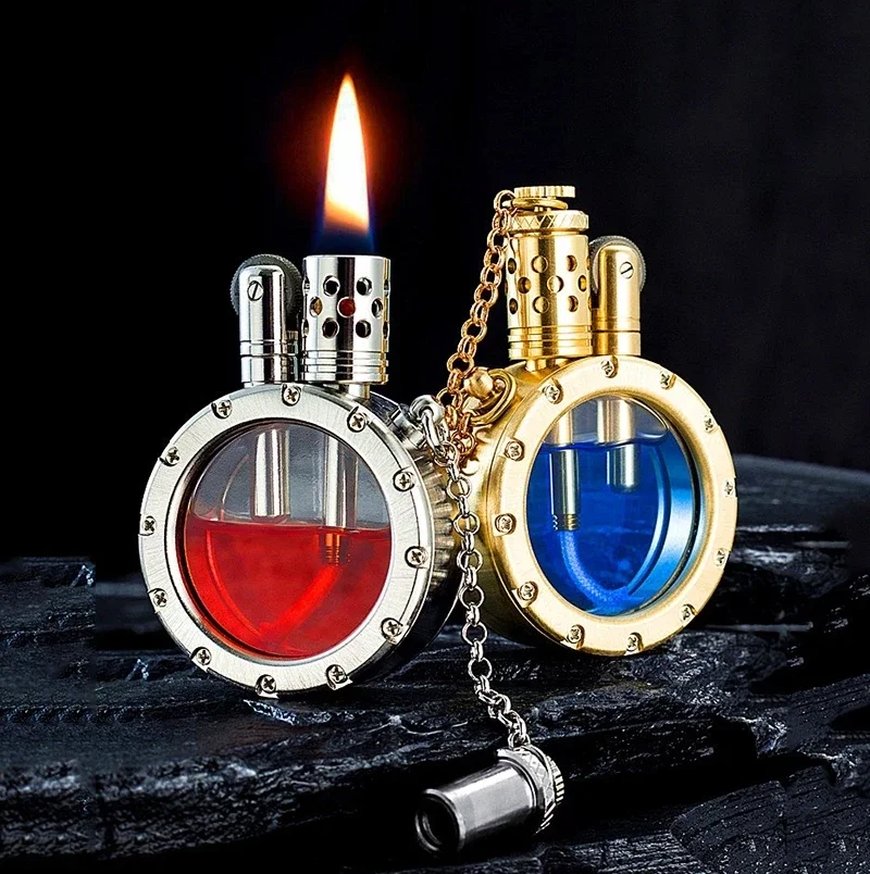 

Handmade Pure Copper Gasoline Oil Lighter Portable Round Kerosene Lighter with Transparent Oil Tank Smoking Accessories