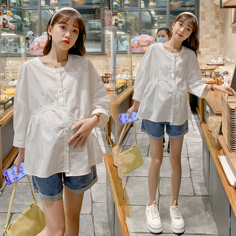 

Spring and Summer Loose Irreguar Maternity Shirts O-Neck Button Fly Pleated High Waist Plus Size Pregnant Woman Cotton Blouses