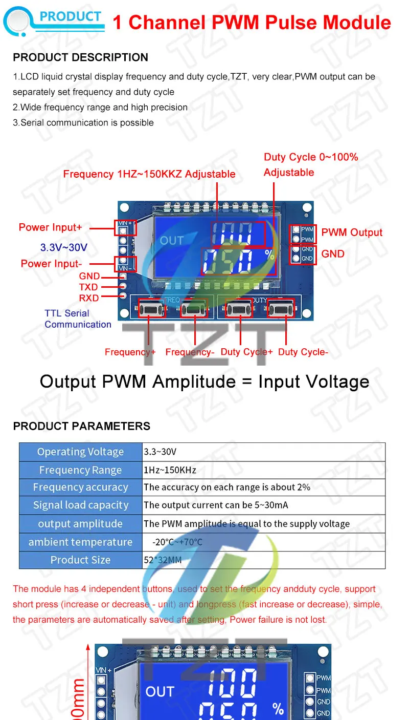 Tzt 1hz-150khz Signal generator pwm Platinen modul Pulsfrequenz-Tast verhältnis einstellbares Modul LCD-Anzeige 3,3 V-30V 1hz-150khz – Detail 1