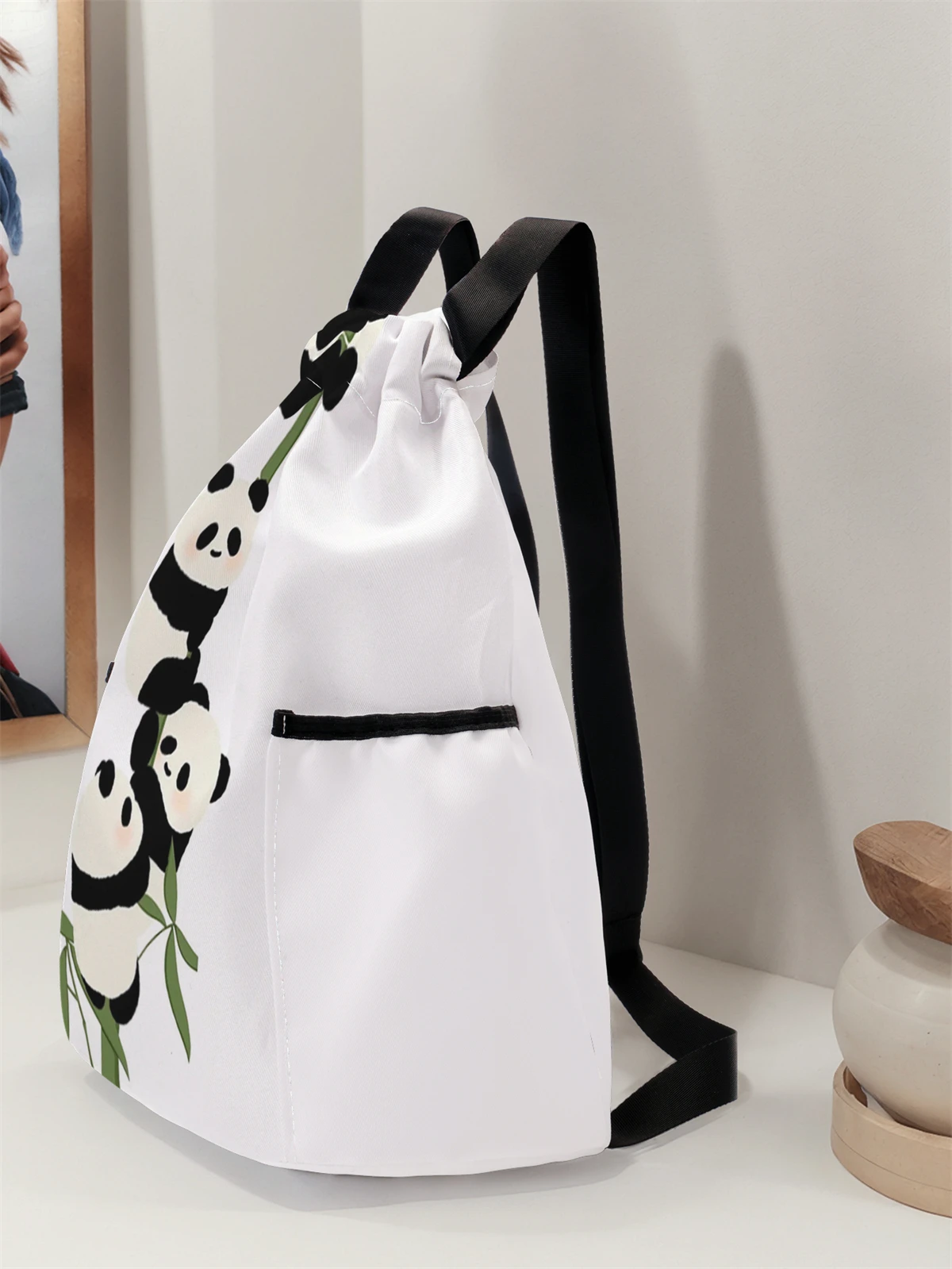 Panda Pattern Drawstring Backpack - Large Capacity Durable Fitness Bag, Adjustable Shoulder Strap, Sports Beach Backpack