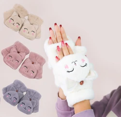 Women Winter Cute Cat Fur Mittens Gloves For Girls Animal Ear Flip Plush Hand Glove Fingerless Thicken Warm Mitten