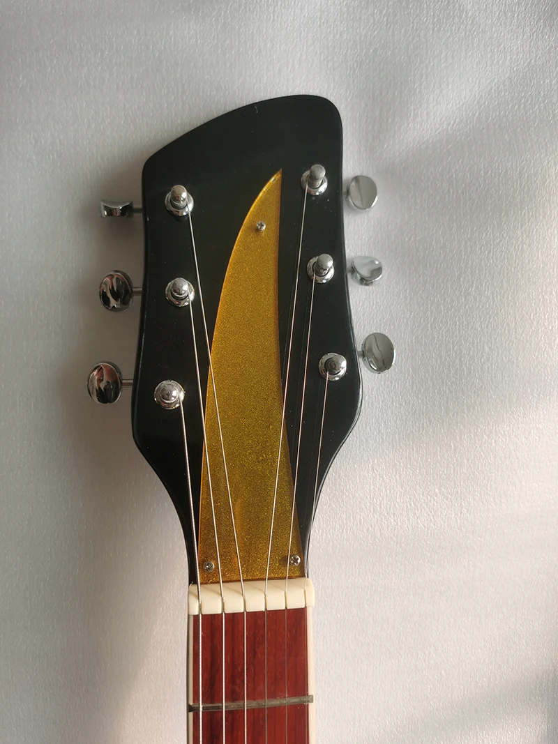 Black Rickenbacker 6-string electric guitar, two pickups, high quality guitar, vibrato bridge, yellow guard, in stock