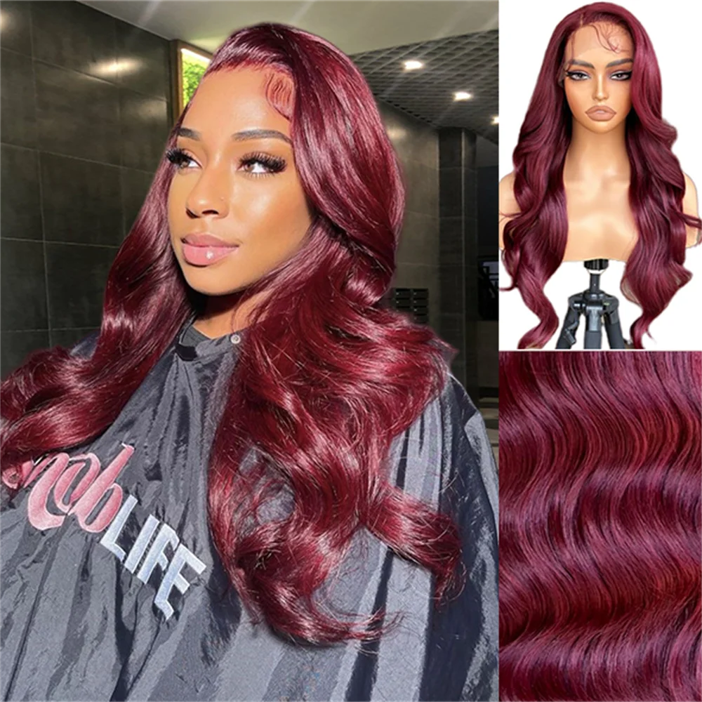 Long Synthetic Body Wavy Wine Red Wig, Burgundy Glueless 13X5X1 Lace Wig For Women, 24 Inches, Daily Party Halloween Cosplay