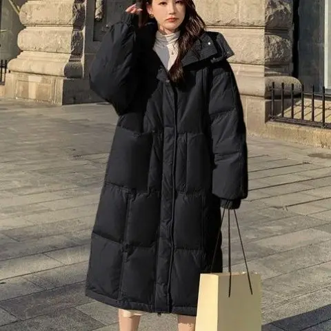 New Women White Duck Down Jacket Winter Coat Female Solid Color Large Pocket  Parkas Loose Hood Outwear Thick Warm Overcoat women thick winter jacket outwear oversized oversize long slim parka manteau femme hiver big pocket black solid warm coat parkas