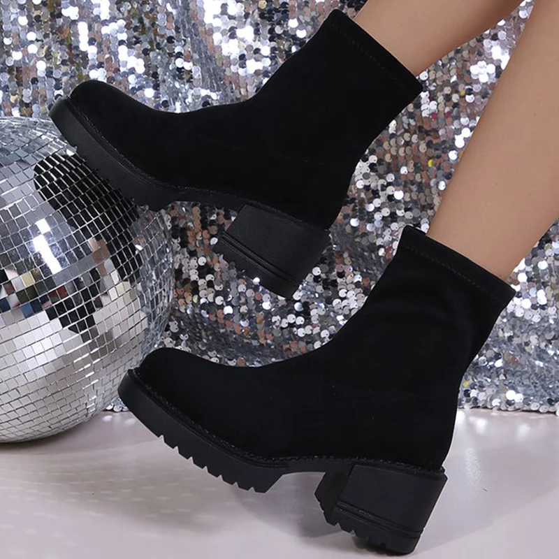 Autumn Winter Solid Color Suede Ankle Boots Women Casual Plus Size Platform Booties Woman Comfortable Square Heel Botas Female