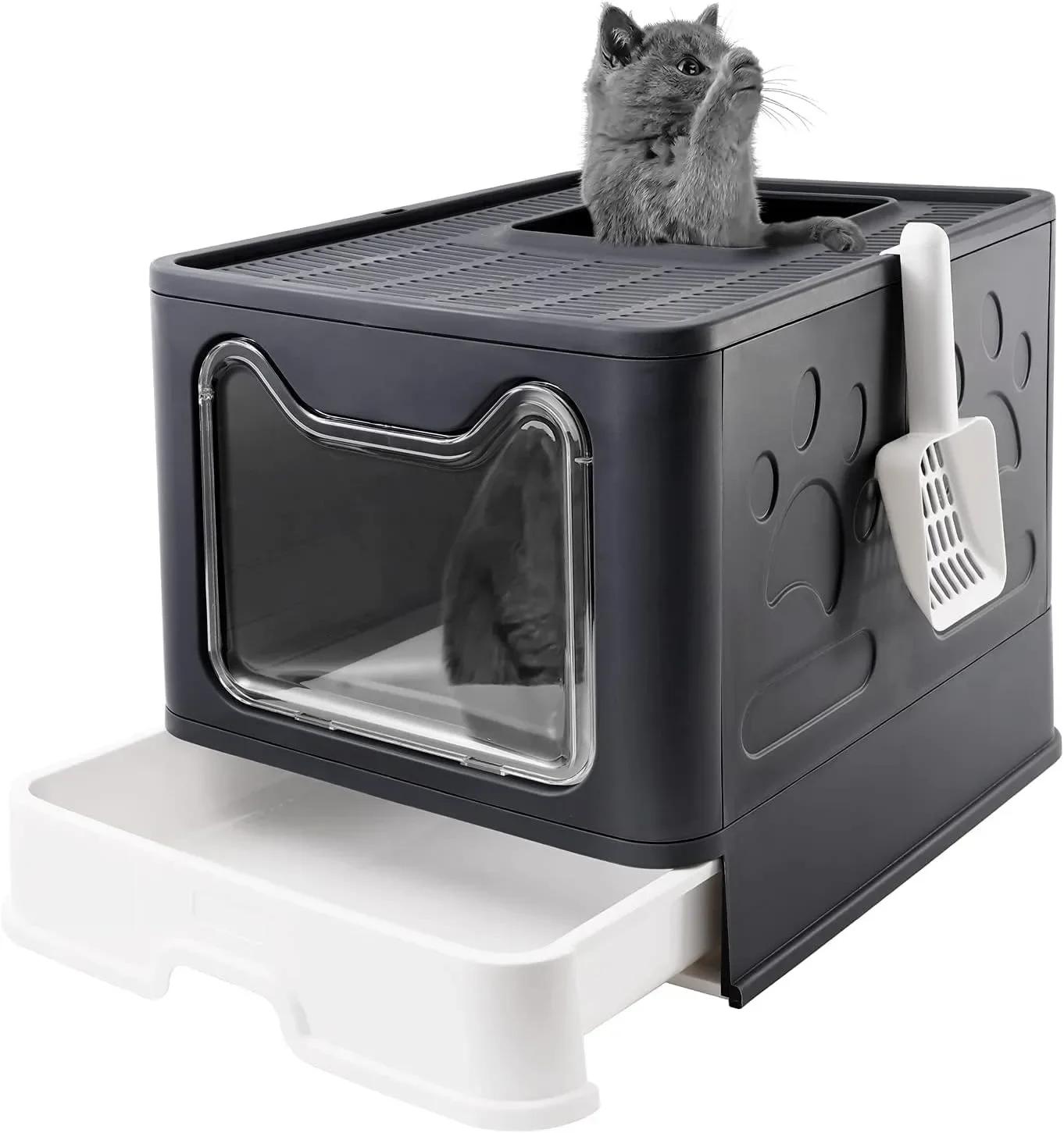 

Foldable Cat Litter Box with Lid, Extra Large, Drawer Type Cat Litter Pan Easy to Scoop & Low Tracking(Dark Grey,20"Lx16"Wx15"H)