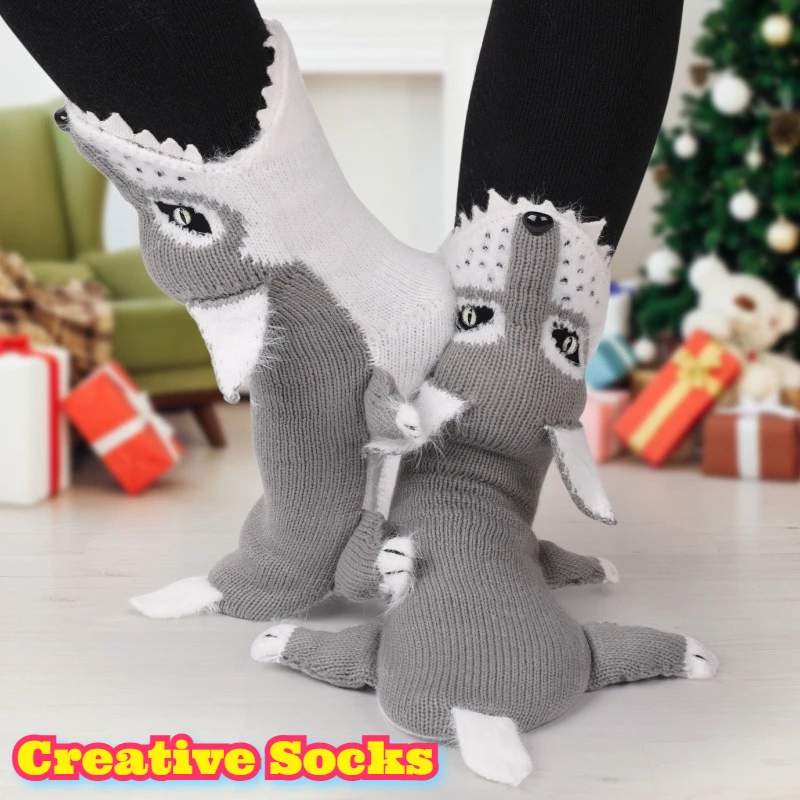 Chaussettes épaisses, mignonnes, amusantes et créatives en laine grise, mi-mollet, antidérapantes, pour adultes, pour la maison, chaudes et confortables