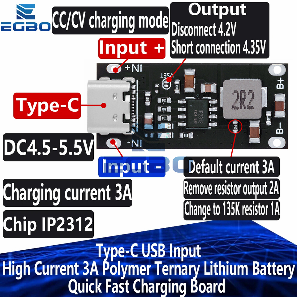 1~50PCS Type-C USB Input High Current 3A Polymer Ternary Lithium Battery Quick Fast Charging Board IP2312 CC/CV Mode 5V To 4.2V