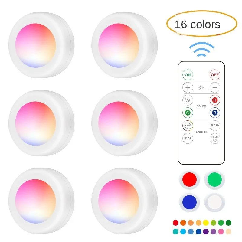 RGB LED 캐비닛 라이트 퍽 램프, 원격 조광기, 선반 아래 주방 카운터, 옷장 조명 장식, 16 색 