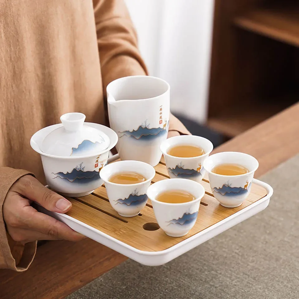 Ceramic Chinese Kung Fu Tea Set Suitable For Travel Camping Portable Gaiwan Tea Tray With 4 Cups tea infuser tea cup tea ceremony tools tea set