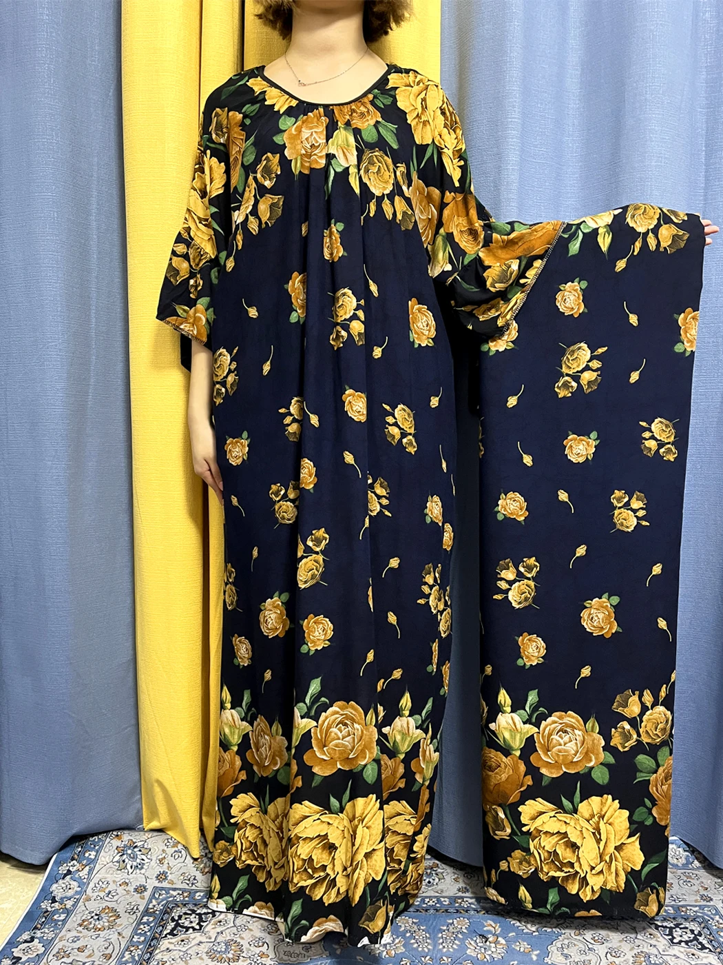 Abayas For Women Floral Printed Cotton Loose Femme Robe African Tradition Woman Dresses Fashion Short Sleves With Large  Scarf