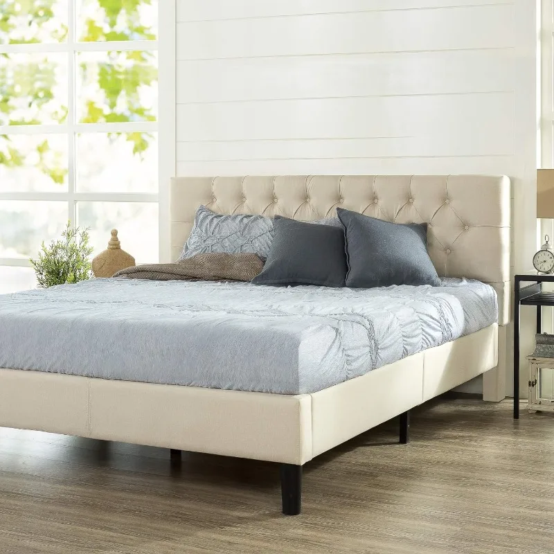 

Upholstered Platform Bed Frame, Mattress Foundation, Wood Slat Support, No Box Spring Needed, Easy Assembly, Taupe, King