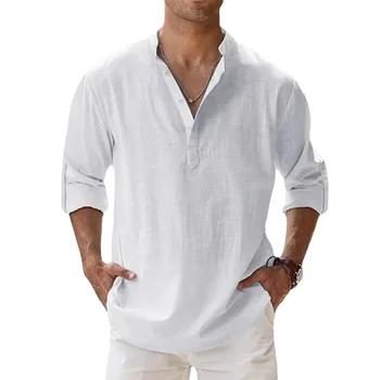 Cotton Linen Hot Sale Men's Short-Sleeved Shirts Summer Solid Color Henley Collar Casual Beach Style Hawaiian Vacation 1