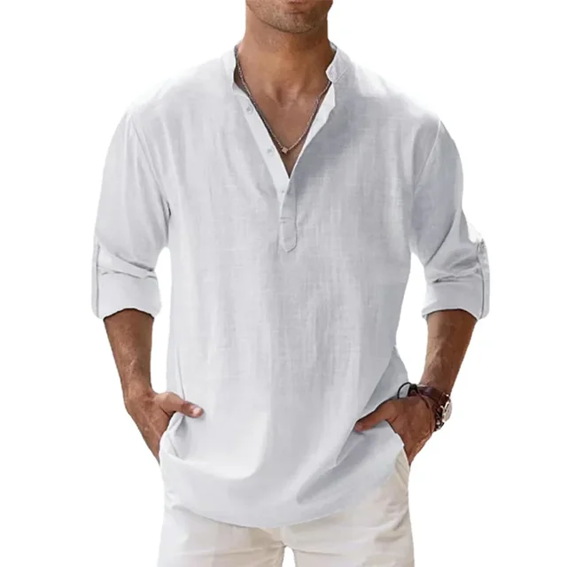 Chemises à manches courtes pour hommes, en coton et lin, couleur unie, col Henley, décontracté, Style plage, vacances hawaïennes, offre spéciale, été 1