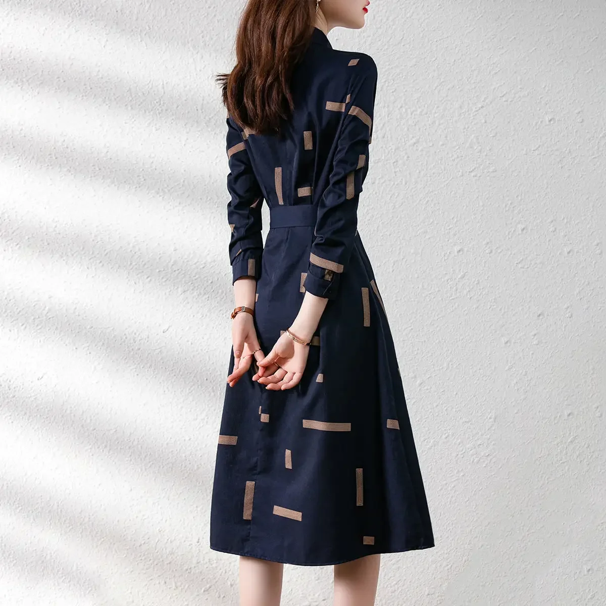 Elegant Fashion Geometric Printed Belt Dresses Spring Long Sleeve Polo-neck Loose Tunic Pullover Midi Dress Female Clothing P29