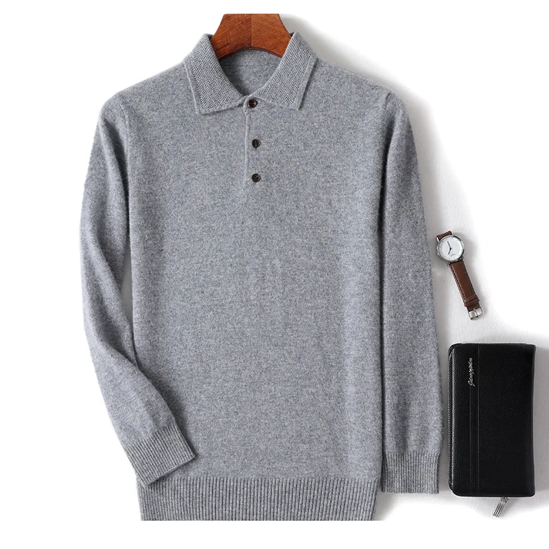Men's 100%  Wool Sweater Winter New Lapel Long Sleeved POLO Dweater Loose Solid Color Sweater Casual Knit Bottom Top