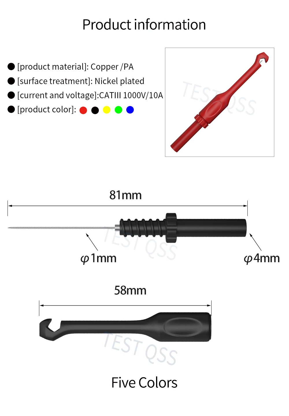 QSS 5 Stück Mini-Testsonden-Clips, zerstörungsfreie, drahtdurchdringende Rücksondenstifte, 4-mm-Klinkenstecker, Durchdringungstest-Hakenwerkzeug, 5 Farben – Detail 1