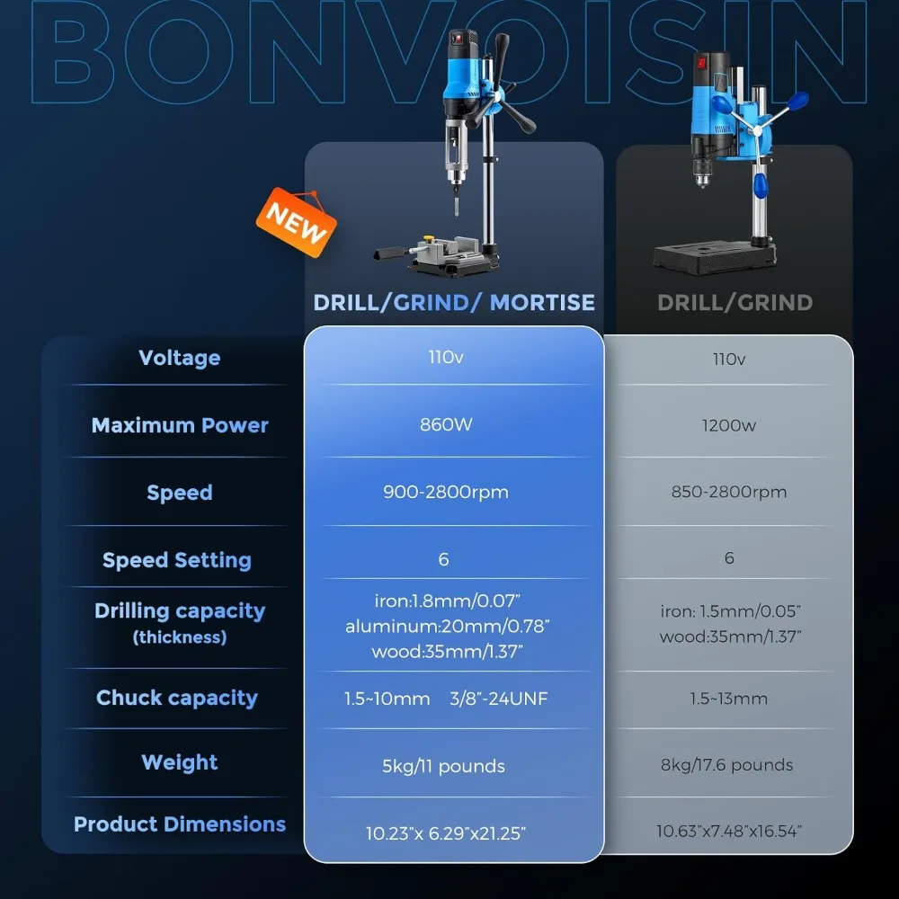 860W Bench Drill Press with Square Hole Bit, 6-Speed Mortising Machine for Woodworking, Chuck 1.5-10mm